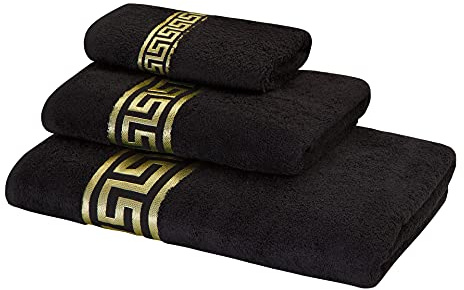 Belle Arti Premium Mäander Handtücher Duschtücher Gästetücher Flauschige Frottee Baumwolle (3er Set - 30x50 + 50x100 + 70x140 cm, schwarz)