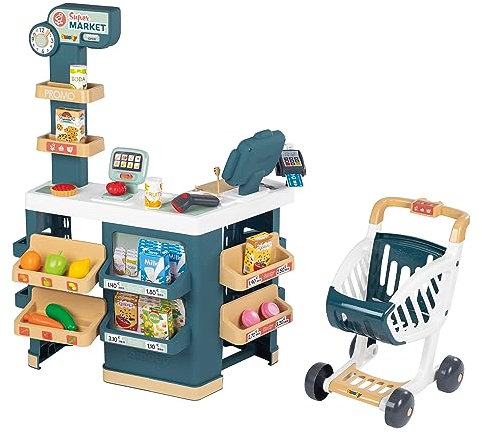 Smoby - Supermarket, Children's Shopping Trolley Included, Mechanical Scale, Electronic Functions and 42 Accessories for a full shopping experience, Suitable for kids aged 3 years and over