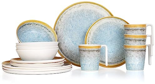 Moritz Vaisselle de table de camping en mélamine pour 4 personnes - 16 pièces - Passe au lave-vaisselle - Service de pique-nique - Vaisselle de camping - Design bleu cristal