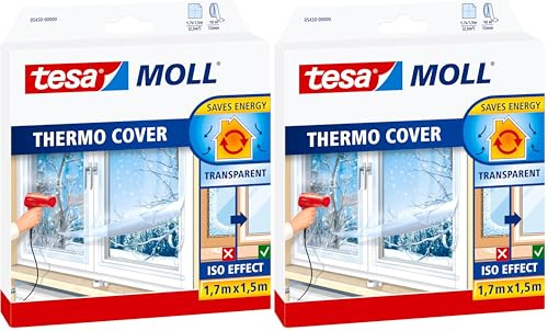 tesamoll Thermo Cover Fenster-Isolierfolie - Transparente Isolierfolie zur Wärmedämmung an Fenstern - Inklusive praktischer Klebelösung - 1,7 m x 1,5 m (Packung mit 2)