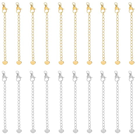 UNICRAFTALE 20pcs 2 Couleurs 50mm 304 Ensembles de Chaînes D'Extension Acier Inoxydable Chaînes D'Extrémité Queues D'Extension avec Fermoirs et Rallonge de Chaîne de Charme Minuscule Coeur de Bijoux