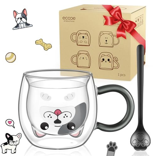 ecooe Taza de perro Tazas de Café de Cristal 280ml Vasos de Doble Pared con asa y cuchara Borosilicato Bonitas Tazas de Animal Para Latte Macchiato Capuchino, Té, Jugo, Helado, Regalo de Cumpleaños