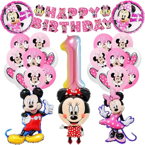 Geburtstag Luftballons Rosa, XXL Zahl 1 Ballon Rosa, 25 Stück Luftballon Tier Kit, 3 Geformte Folienballons, 18 Luftballons, Geburtstag Banner fur Theme Party Supplies Kindergeburtstag