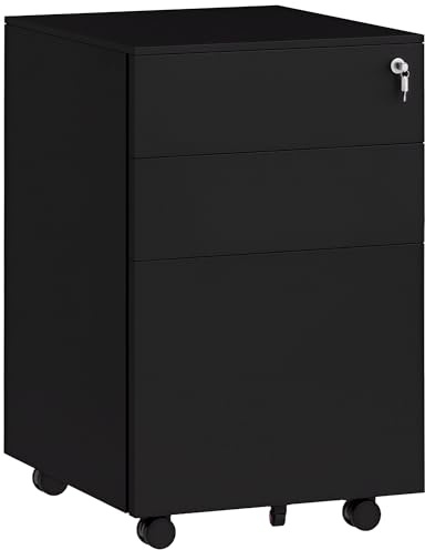Vinsetto 3-Drawer Vertical Filing Cabinet with Lock, 5 Wheels, for A4 Black | Pencil Tray, Steel Mobile File Cabinet, for Legal and Letter Size, Pre-Assembled Body