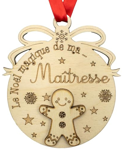 ERNESTINE - Boule de Noël personnalisée Maîtresse - Professeur - décoration fête maîtresse en Bois - Cadeau Unique Noël, Boules Personnalisable Sapin Traditionnelle - Ornement Cadeau gravé maîtresse