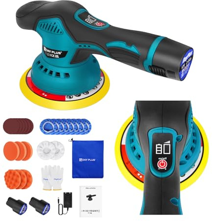 Huini Akku Poliermaschine, Kabellos Poliermaschine Set mit 2 x 12V Akkus, Auto Poliermaschinen Puffer mit Polierpad,für die Autopflege Wachsen