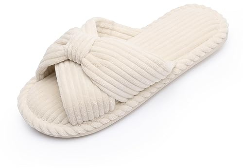 Chantomoo Pantoufles en mousse à mémoire de forme pour femme - Pour la maison, la chambre à coucher, la salle de bain, le spa - Bout ouvert - En velours côtelé - Confortables,Beige,39/40 EU