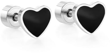 Black Enamel Heart Love Screw Back Small Stud Earrings for Women Girls Minimalist Stainless Steel Cartilage Tragus Piercing Sleeper Studs Jewelry