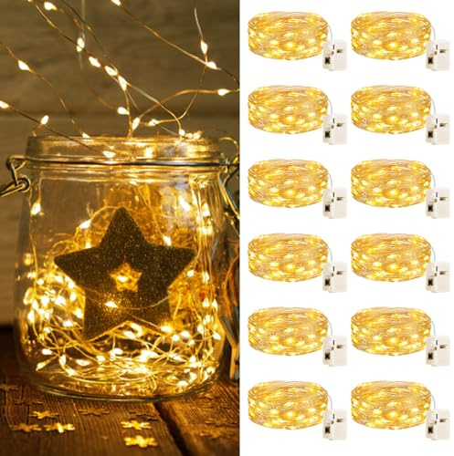 Bitjam 12 Stück LED Lichterkette Mit Batterie, 2M 20LED Mini Wasserdicht Draht für Weihnachten Hochzeit Party Innen Deko - 3 Lichtmodi, Batteriebetrieben, Warmweiß