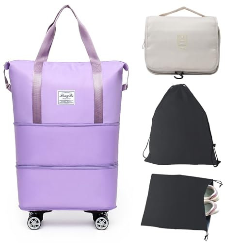 Barsine Rolling Duffle Bag with Wheels, Large Expandable Tote Bags for Weekend Overnight Carry On Wheeled Duffel with Travel Essentials Bag, Purple