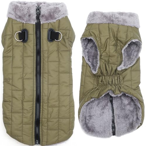 JoyDaog Warmer Fleece-Hundemantel mit strapazierfähigem Geschirr mit D-Ring, wasserdichte Hundejacke für mittelgroße Hunde, Hundeweste für den kalten Winter, Grün, Größe L