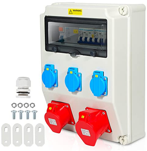 Peviasot Distribuidor de corriente para construcción con interruptor de protección FI, 5 polos, distribuidor de corriente para construcción con 3 enchufes Schuko y enchufe CEE de 16/32 A para interior