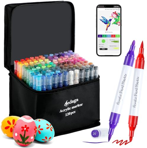 AEDAGA 120 Colours Numbered Acrylic Paint Pens with Free App, Dual Tip Acrylic Paint Markers with Brush Tip and Fine Tip for Adults, Eggs, Wood, Rock, Canvas, Plastic, Stone, Glass, Ceramic
