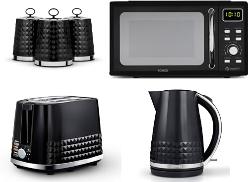 Tower Solitaire Black 1.5L 3KW Jug Kettle, 2 Slice Toaster, T24041BLK 800W 20L Digital Microwave & Canisters Set. Matching Modern Design Kitchen Set of 6 in Black with Chrome Accents