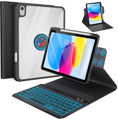 OYEEICE Keyboard Case for iPad A16 11th Gen 2025/10th Gen 2022 | 7 Color Backlit Wireless Detachable Keyboard for iPad 11/10th with Pen Holder (Black, 360° Rotatable Style)