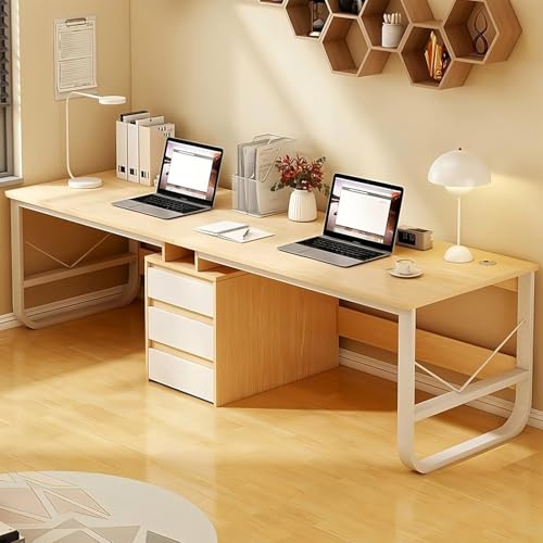Mesa de estudio doble grande con 3 cajones para dos personas, oficina en casa, madera natural, 200 cm, escritorio para computadora