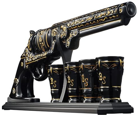 Luxus Schwarz und Gold Pistole Dekanter Set & 4 Schnapsgläser - Whiskey Dekanter für Likör, Scotch, Bourbon, Wodka - Stilvolles Barzubehör Geschenkset für Männer, Bruder, Sohn, Vater, Ihn, Hausbar für