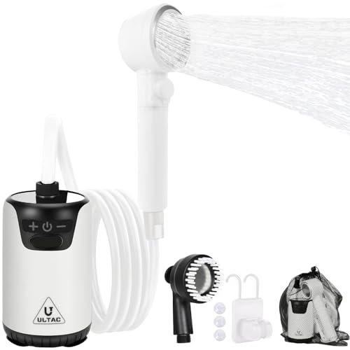 ULTAC Camping Shower Pump, 10000mAh Portable Outdoor Electric Shower Rechargeable IPX7 Waterproof Camp Shower with LED Display and 2 Head Nozzle for Camping, Hiking, Travel, Car, Pet(White)