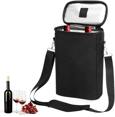Bolsa Enfriadora de Vino Aislada, Bolsa Enfriadora de 2 Botellas, Bolsas de Bebidas de Transporte al Aire Libre con asas y Correa Ajustable, Botella de Vino Champán para Pícnic, Camping (Negro)