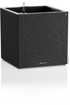 LECHUZA-Pflanzgefäß Canto Slatestone 40 Low LED Dark Grey, Pflanzgefäß mit Bewässerungssystem, Wasserstandsanzeiger und Pflanzeinsatz mit LED-Lichtband, Schiefer-Optik, 40 x 40 x 40 cm, 15953