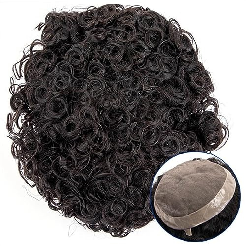 Peluca que cubre la calvicie para hombres 15/20/25 mm Postizo rizado Fino Mono Top y PU Perímetro Cabello masculino Tupé Marrón oscuro Cabello indio 7 Prótesis capilar Sistemas de reemplazo Tupé for