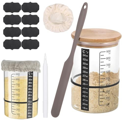 Sauerteig Starter Set- 900ml Gärglas Sauerteig Zubehör, Mit Holzdeckel, Gummiband, Thermometerpapier, 8 Etiketten, Stift, Silikon-Spatel, Stoffhut, Sauerteig Set, Brotbacken Leicht Gemacht