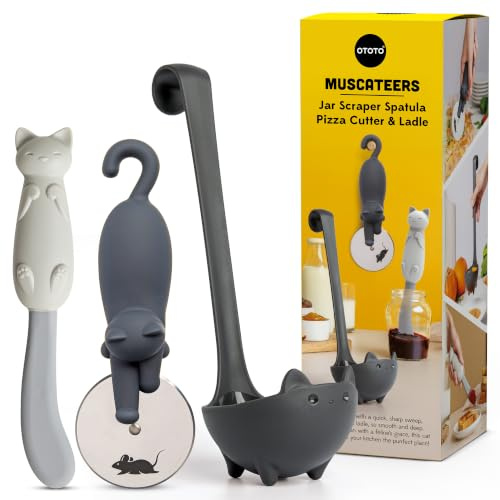 OTOTO Muscateers Bundle of Mary Cat, Katie, Kitty – Glas-Schaber-Spatel, Suppenkelle, Pizzaschneider – niedliches Küchenzubehör, gruselige Gothic-Katzen-Geschenke für Frauen, Küchengeschenke