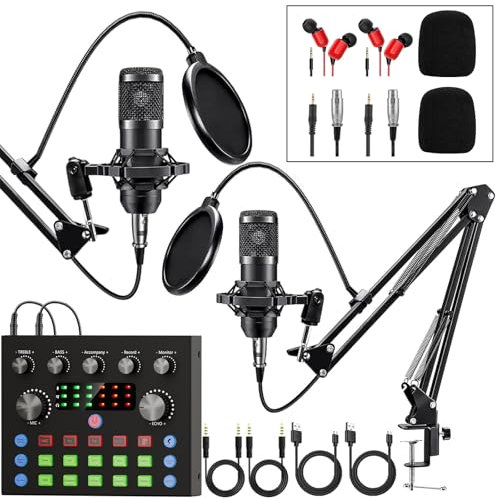 Ensemble d'Équipement Podcast pour 2, Modificateur de Voix et Microphone à Condensateur - Ensemble Microphone Podcast pour Gamers, Podcasting, Enregistrement, Chant, Streaming