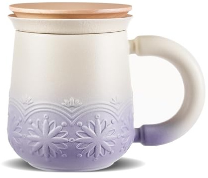 ZENS Tea Infuser Mug with Lid for Loose Leaf Tea, 330ml Purple Tea Cup | Embossed Ceramic Tea Strainers for Loose Tea, Wood Handle Infuser Mug for Tea Lovers Gifts