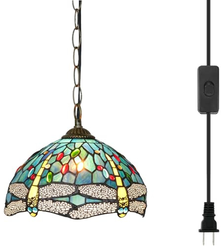 Blivuself Tiffany Pendelleuchten Glasmalerei Hängelampe 12 Zoll Antik Grün Blau Libelle Stil Plug in Licht für Zuhause Küche Insel Esszimmer Wohnzimmer Flur Theke Bar