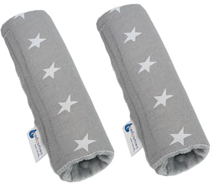 Medi Partners Protège Ceinture Enfant 2 Pièces Coussin de Sécurité Voiture Protege Kids 17x22cm 100% Coton Minky Cover Securite Auto Poussette pour Bebe Amovible (Étoiles avec Minky Gris)