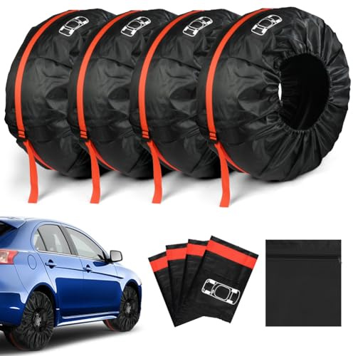 Adiwo Car Spare Tire Covers 4 Pack, 19-23 IN Tyre Bag Set, Diameter 80cm Wheel Protection Cover, Tyre Bags with Handle, Waterproof Dustproof Auto Spare Tires Storage Bags for Car UV SUV Truck, L