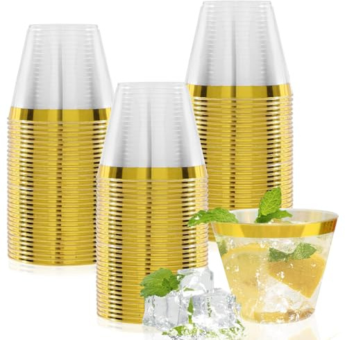 mauepersu Lot De 50 Gobelets En Avec Bord Dorée, 250 ml, Réutilisables, élégants, Verres à vin, Pour Champagne, Bière, Cocktail, Martini, Soda, Dessert (8.7 x 7cm) (Or)