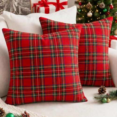 Vorysum 2er Set Rot Weihnachten Kissenbezug 40x40 cm Samt Karierte Winter Weihnachtsdeko Kissenbezüge Dekokissen Kissenhülle Zierkissen Christmas Wohnzimmer Büro Hotel