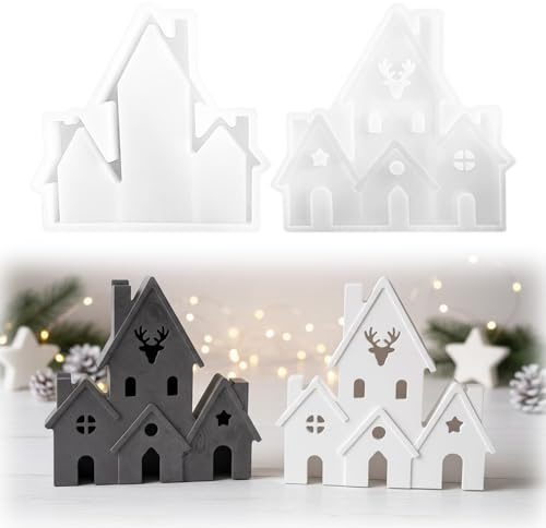 2 Stück Silikonformen Gießformen Weihnachten für Haus, 3D Silikonform Häuser, Gießformen Silikon Häuser mit Elchmotiv, Burg Gips zum Gießen, für DIY Bastelarbeiten