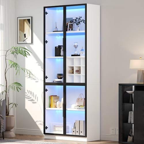Merax Vitrinenschrank 200cm, doppeltürige Standvitrine mit Glastüren & LED-Beleuchtung, Hochschrank mit Höhenverstellbaren Böden & Weinschrank, Bücherschrank für Wohnzimmer Küche Esszimmer Büro, Weiß
