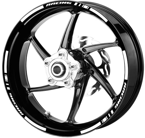 Decalart Kit 14 adesivi cerchi cerchione ruote filetto Moto universali compatibili con tutte le ruote da 16 17 18 Pollici RACING fasce strisce L236 (Bianco)