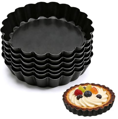 Rthynti Quiche Pan, 6Pcs Tart Tin, 12 x 2cm Quiche Tins with Loose Base Flan Tins with Loose Base for Baking Cooking Quiche Pie Tartlet Cheesecake
