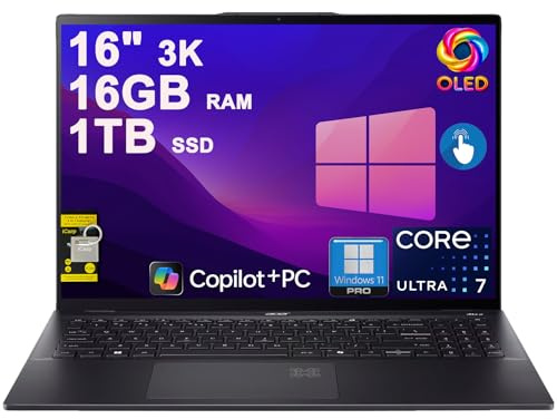 acer Swift 16 AI Laptop 16 pulgadas 3K OLED 120Hz Touch (100% DCI-P3) Intel 8-core Ultra 7 256V (hasta 47 Tops) 16GB RAM 1TB SSD retroiluminada huella dactilar para trabajo de negocios de diseño