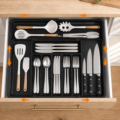 Cutlery Drawer Organiser–Cutlery Organiser,Cutlery Tray Kitchen Drawer Organiser,Drawer Organiser,Anti-Slip,Waterproof,BPA-Free,9 Compartments,Large Capacity,Expandable(33*36.8–48.2*55.8cm)