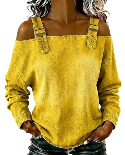 Blusa informal de mezclilla lavada con hombros descubiertos y correa de hebilla de manga larga para mujer, sin tirantes, blusa de mezclilla sin tirantes, amarillo, S