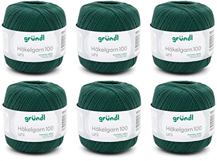 Gründl Wolle Häkelgarn 100 6 Knäuel 100 g, Tannengrün | dünne sommerliche Wolle zum Häkeln - Glänzend und waschbar - Baumwollgarn - 100 % Baumwolle - 100 g / 566 m - Nadelstärke 1,5