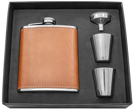 Men Hip Flask Sets, Stainless Steel Flask, 7oz Brown Leather Pocket Drinking Flask,Hip Flask Gift Set Black Gift Box