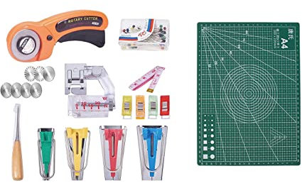 70 Pcs Drehmesser-Set, 45 mm Stoffmesser-Set, inkl. 7 Ersatzklingen, Schneidematte, Schere, Stoffclip, Gerade Nadel, Messlineal, Säumvorrichtung, DIY-Geschenk