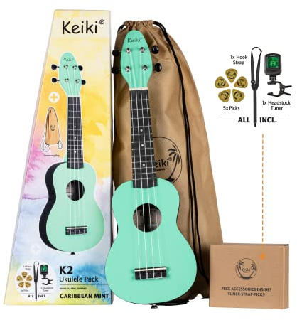Ortega Guitars Keiki Akustik Sopran-Ukulele - Agathis Hellgrün, K2-CBM | Nylonsaiten, Agathis-Decke Satin Finish, leicht gewölbter ABS-Korpus Schwarz, inkl. Zubehör