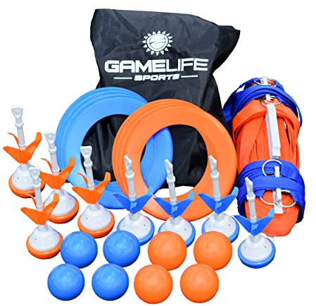 Outdoor Yard Game Premium Boccia Ball Set, bis zu 18.3 m Nylon Court, 8 Boccia-Bälle, 8 Rasendarts, 8 Fliegende Ringe, Erdspieße, Tasche, Familienspiel, Teen, Jungen & Mädchen 15 Jahre und älter