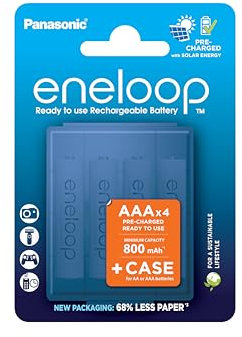 eneloop, AAA/Micro, Rechargeable Battery, Pack of 4, Capacity of 800 mAh, Ready-to-Use Ni-MH Batteries, 2000 Recharge Cycles, Plastic Free Packaging, Standard, White