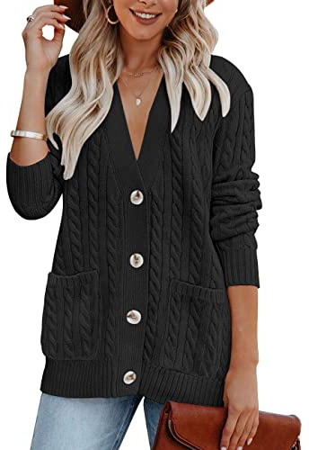 MEROKEETY Women's 2025 Fall Cable Knit Cardigan Sweater Chunky Button Up Open Front Long Sleeve Outwear Coat,Black,M