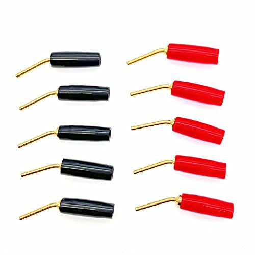 JZK 10 pezzi nero e rosso 2 mm spina a banana pin a vite, spina a banana con perno obliquo, adattatore per cavo audio placcato oro 2 mm