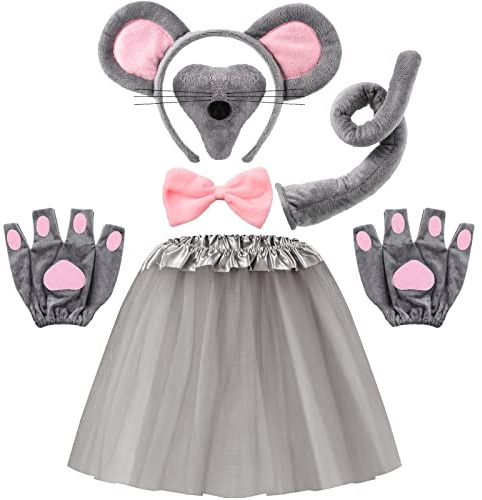 Sintege Set di 6 Accessori per Costume da Topo per Bambini Adulti Fascia con Orecchie da Topo Naso Papillon Coda Gonna Tutù e Guanti per Feste di Halloween Carnevale World Book Day